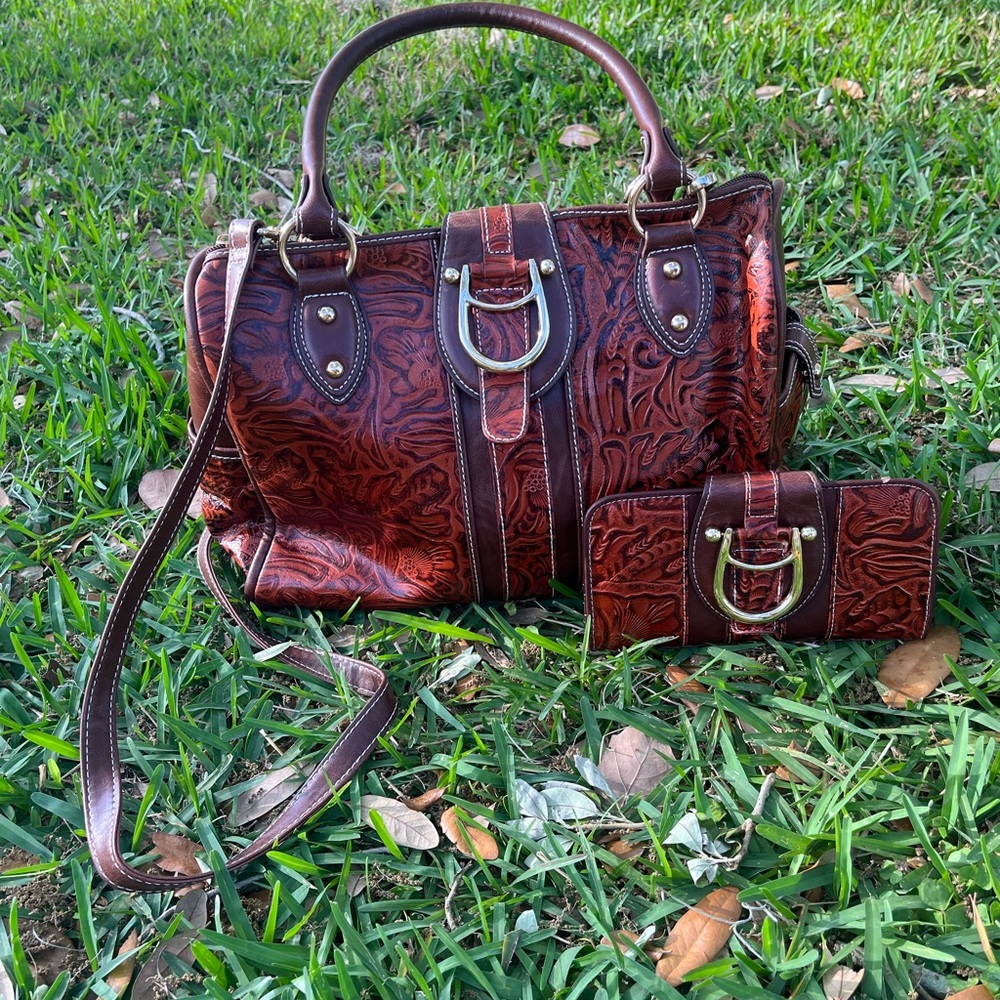 M.C Floral Embossed Floral Purse with Matching Wallet